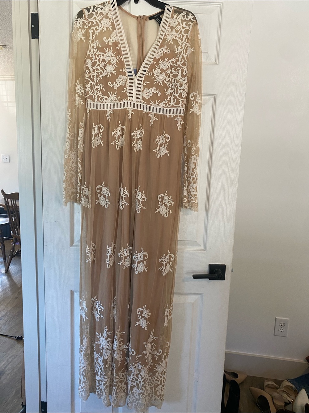 Forever 21 Tan Maxi Dress with White Floral Embroidery
